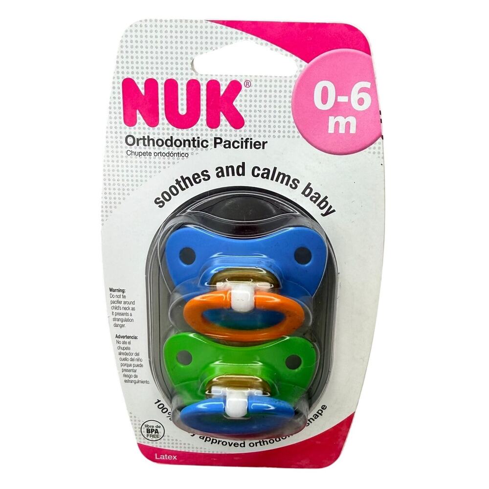 NUK LATEX 0-6 Months 2 Pack Orthodontic Blue & Green Pacifiers BPA Free Calming